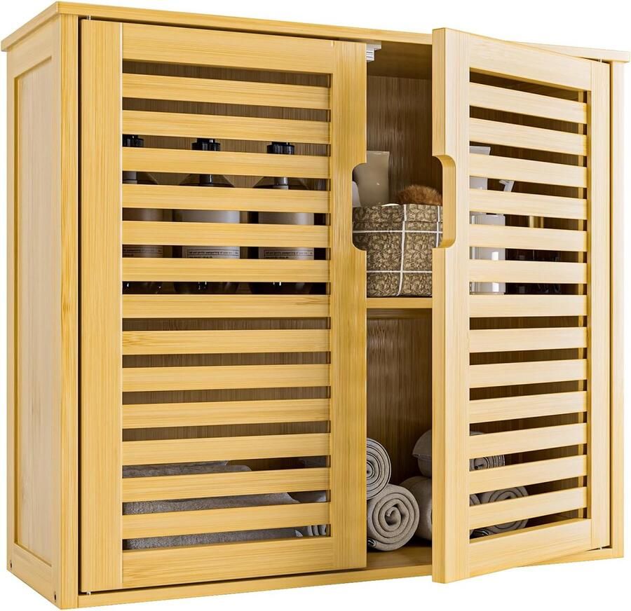 Bamboe wandkast badkamer hangkast medicijnkastje hangend met 2 deuren en verstelbare planken boven het toilet badkamerkast wandmontage natuur