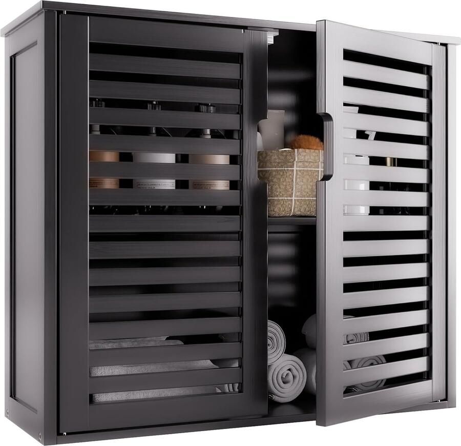 Bamboe Badkamerkast met Rolluikdeuren Ruimtebesparende Opbergoplossing 1 stuk Zwart