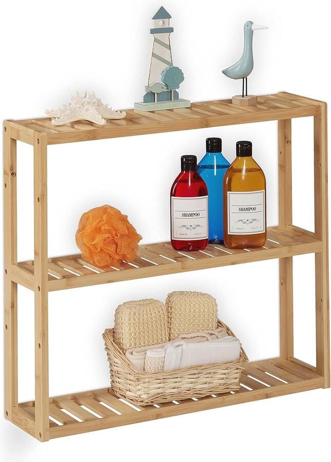 Bamboe badkamerrek met 3 etages hoogte verstelbaar en ruimtebesparend wandrek