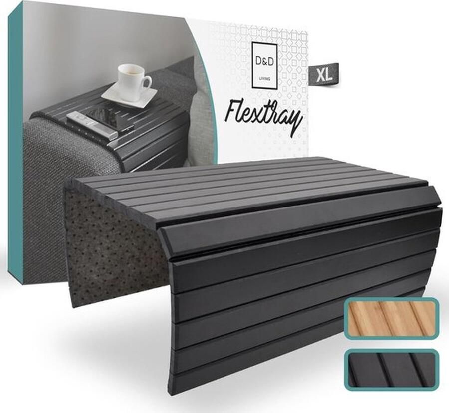Bamboe Bank Dienblad Flexibel Armleuning Blad Natuurlijk Hout Zwart Groot Formaat 50 x 35 cm