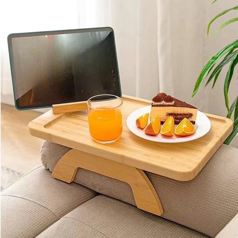 Bamboe Bank Dienblad Tafel met Clip – Bijzettafel voor Bankarm Inclusief Telefoonhouder Multifunctionele Tafel voor Bank Koffie en Snacks