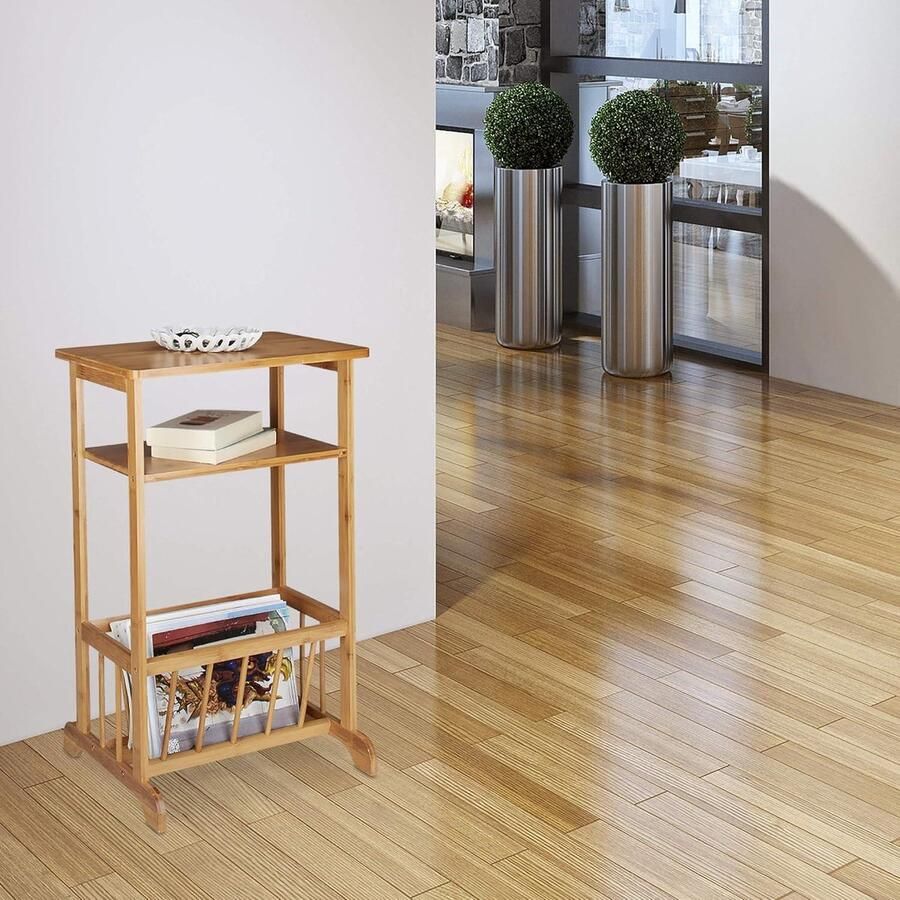 Bamboe bijzettafel met tijdschriftenhouder en 2 etages Robuust en natuurlijk design Afmetingen: 71 5 x 44 5 x 37 cm