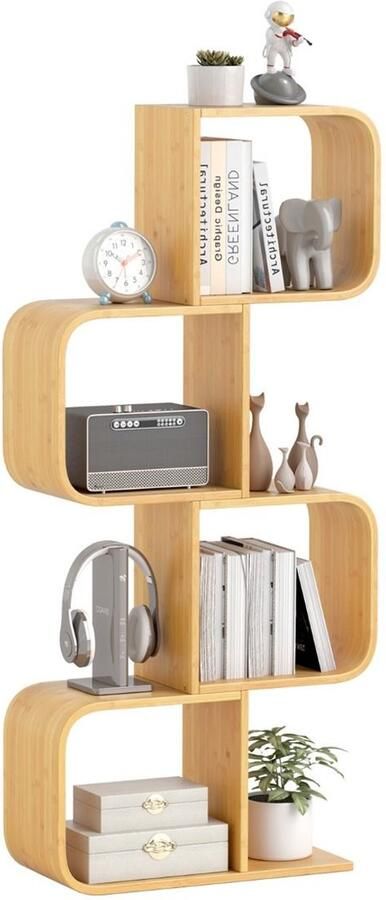 Bamboe Boekenkast – 4-Laags S -Vormige Boekenkast met 4 Open Kubussen – Geometrische Hoekplank – Naturel
