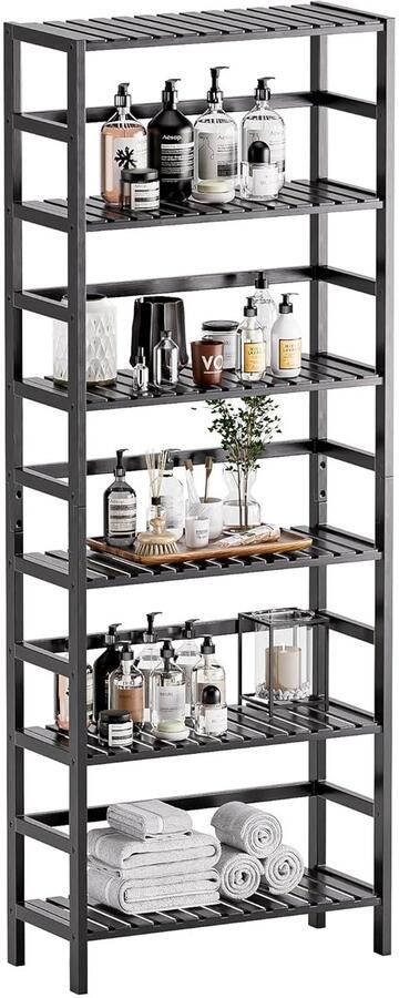 Bamboe Boekenplank 6-laags Boekenkast Vloer Staand Zwart Voor Werkkamer en Woonruimte