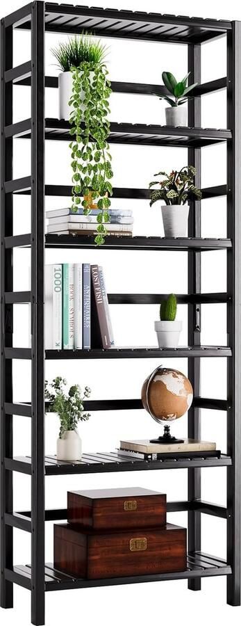 Bamboe Boekenplank 6-laags Boekenkast Vloer Staande Badkamer Opslag Organisator met Verstelbare Planken voor Woonkamer Keuken Kantoor Zwart
