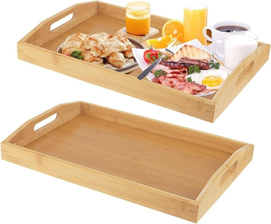 Bamboe Dienblad 38 x 25 cm Duurzaam Rechthoekig Serveerschaal met Handgrepen Ideaal voor Ontbijt Thee & Salontafel