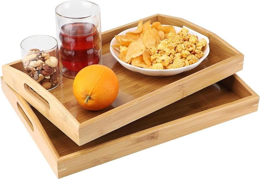 Bamboe dienblad met handgrepen rechthoekig 2-delig groot keukendienblad decoratief serveerschaal ontbijt thee salontafel wooden tray