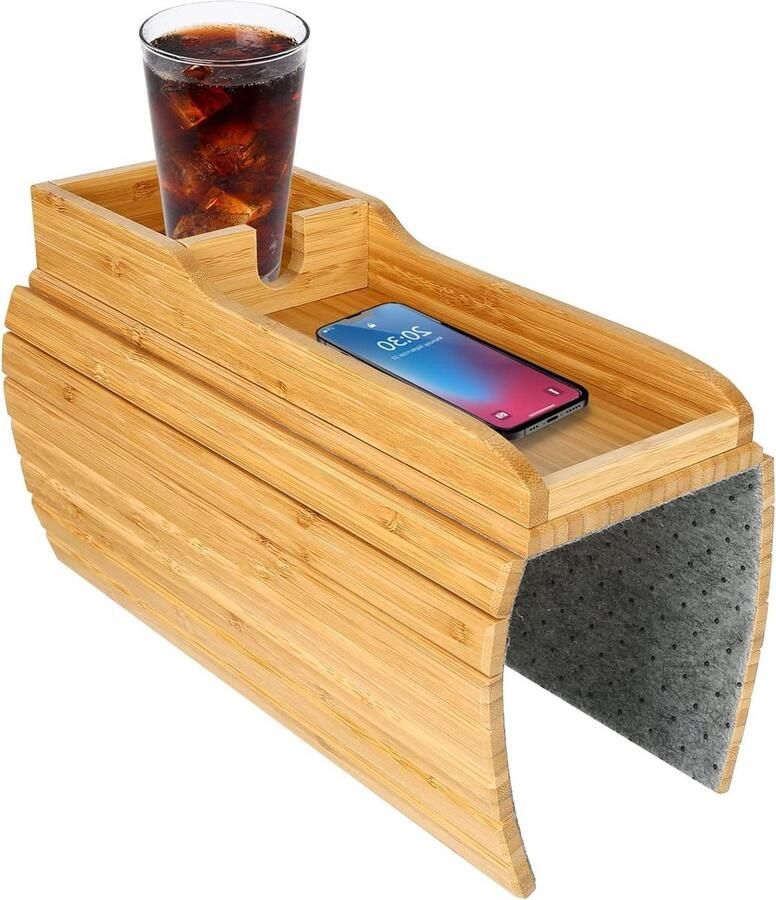 Bankdienblad met mobiele telefoonhouder houten bamboe antislip armleuningtafel grijs