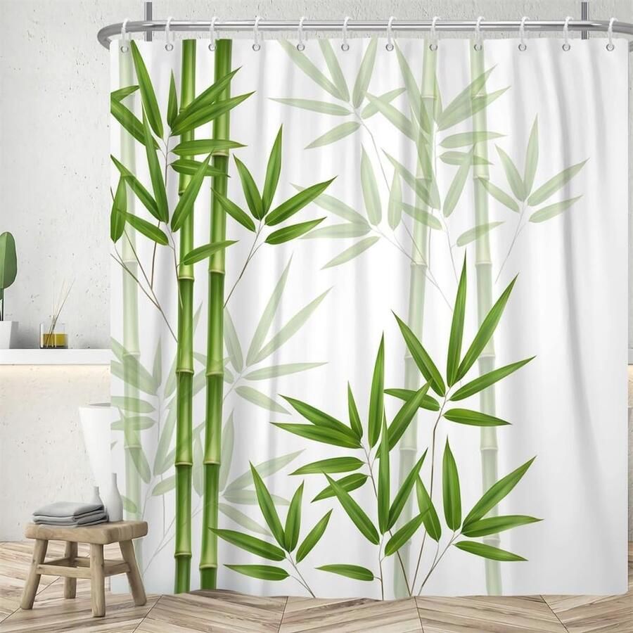 Bamboe Douchegordijn met Bladeren Waterdicht Schimmelbestendig & Wasbaar 180x180 cm Inclusief 12 Haken
