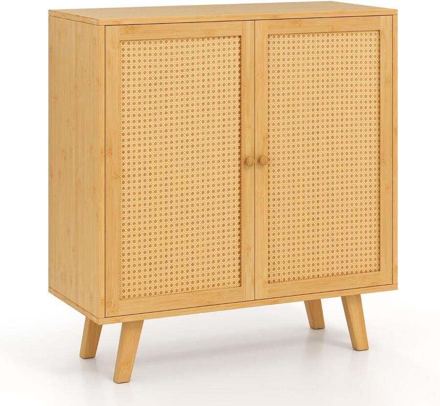 Bamboe Dressoir – Boho Opbergkast met PE Rotan Deuren Vrijstaande Keukenkast Natuurlijk