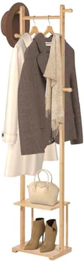 Bamboe Garderobestandaard met Haken en Planken voor Kleding en Accessoires