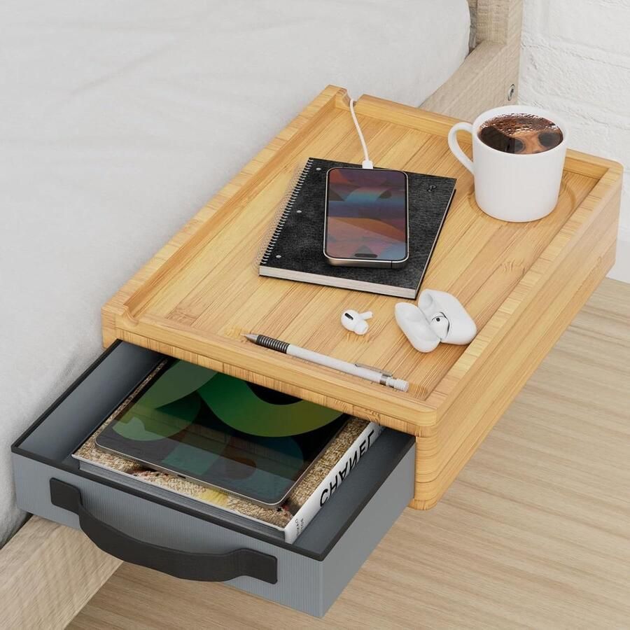 Bamboe hangend nachtkastje met laden bekerhouder kabelhouder naturel Nachtkastje