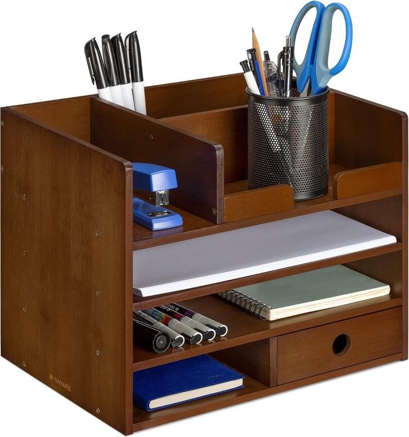 Bamboe Houten Bureau Organiser Bureaukastje van hout 33 x 24 x 26 cm Voor kantoorartikelen en brieven Donkerbruin