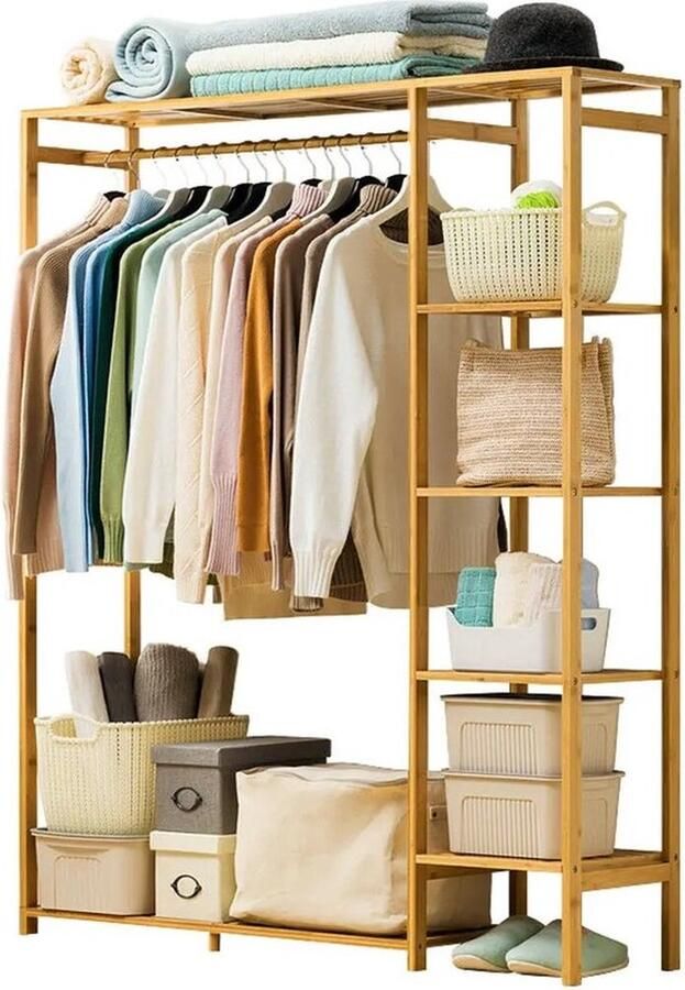 Bamboe houten Kledingkast Kast Kledingkasten slaapkamer Kledingrek bamboe Kledingrek 90x30x146 6cm Bruin