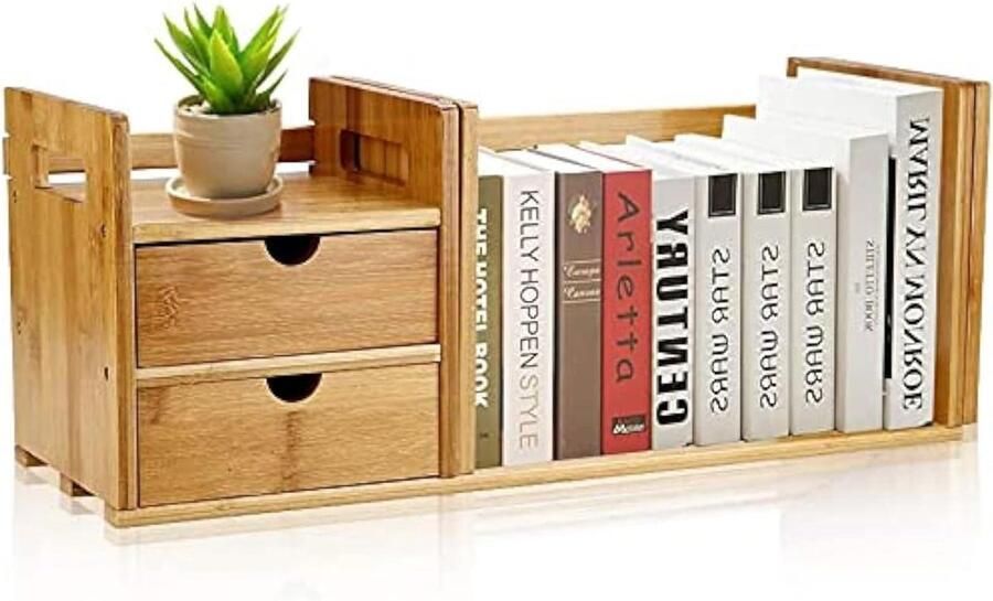Extendable Desktop Bookcase Adjustable Wooden Desk Organizer Rack with 2 Drawers Natural Bamboo Wood Tabletop Bookshelf Organizer Rack DIY Mini Bookcase with 2 Drawers