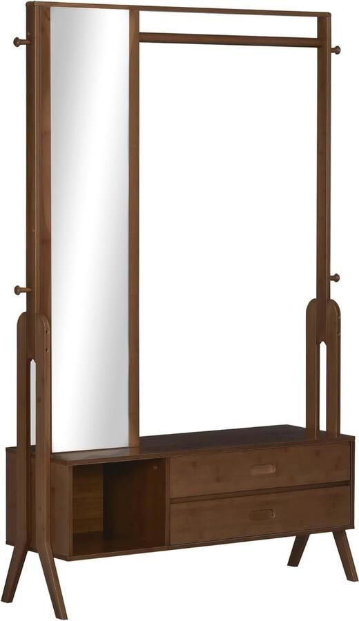 Bamboe Kapstok met Spiegel en Zitbank Kledingrek met Laden en Opbergruimte Bruin