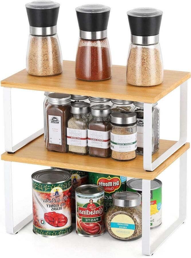 Bamboe keukenrek kruidenrek organizer set van 2 stapelbare rekken voor servies en meer opbergruimte