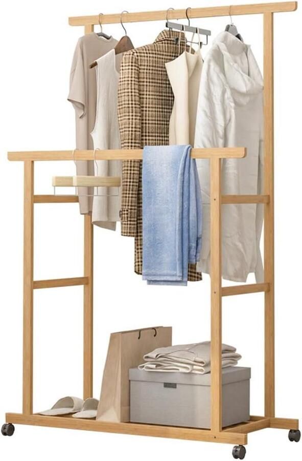 Bamboe kledingrail dubbele hangende rails kledingrek op wielen vrijstaand kledingrek opbergplanken kapstok voor jurk broek schoenen 80 x 40 x 160 cm kapstok hangend met plank