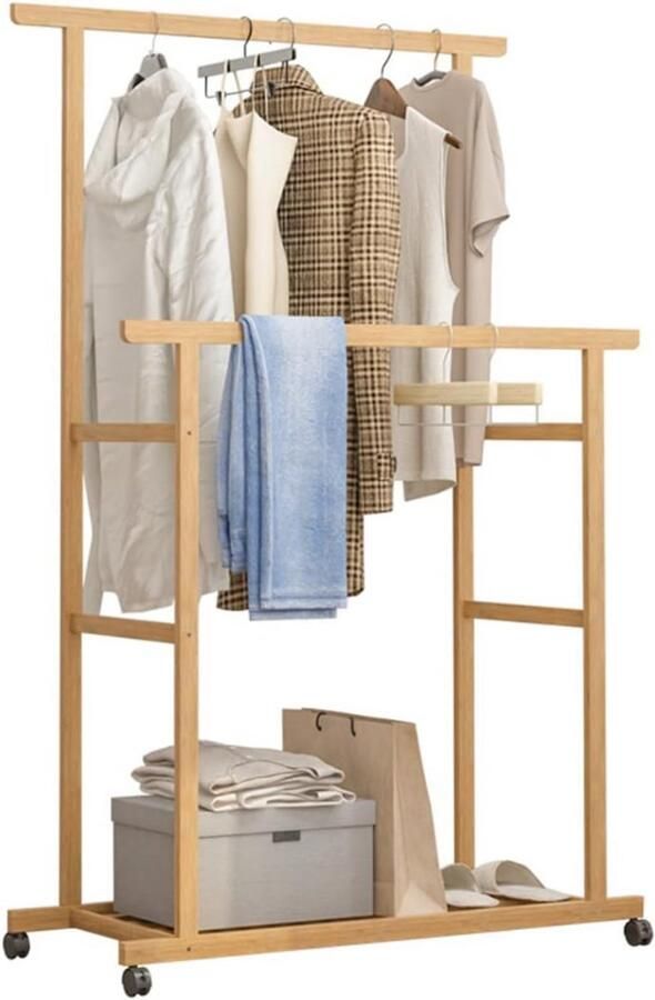 Bamboe Kledingrek Dubbele Hangende Rails Kledingrek Op Wielen Vrijstaand Kledingrek Met Opbergplanken Kapstok
