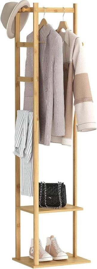 Bamboe Kledingrek Hoek Kapstok Stand Hall Vrijstaande Kleding Opknoping Rail met 2 Planken 3 Hanger Haken en Broek Hanger Entree Slaapkamer Woonkamer kapstok hangend met plank