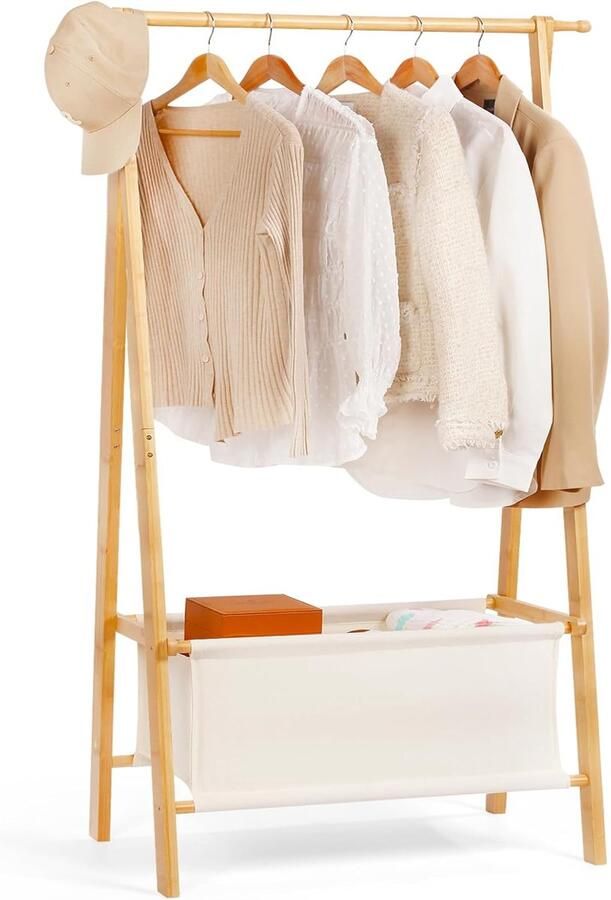 Bamboe Kledingrek met Opbergdoos Draagbaar en Extra Groot M