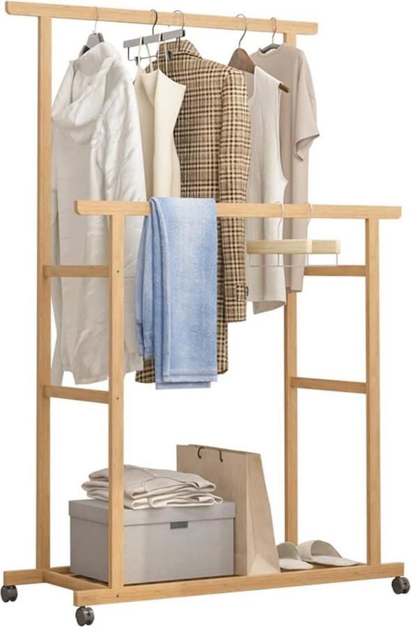 Bamboe kledingrek met opbergplanken en wielen Dubbele hangende rails voor kleding en accessoires