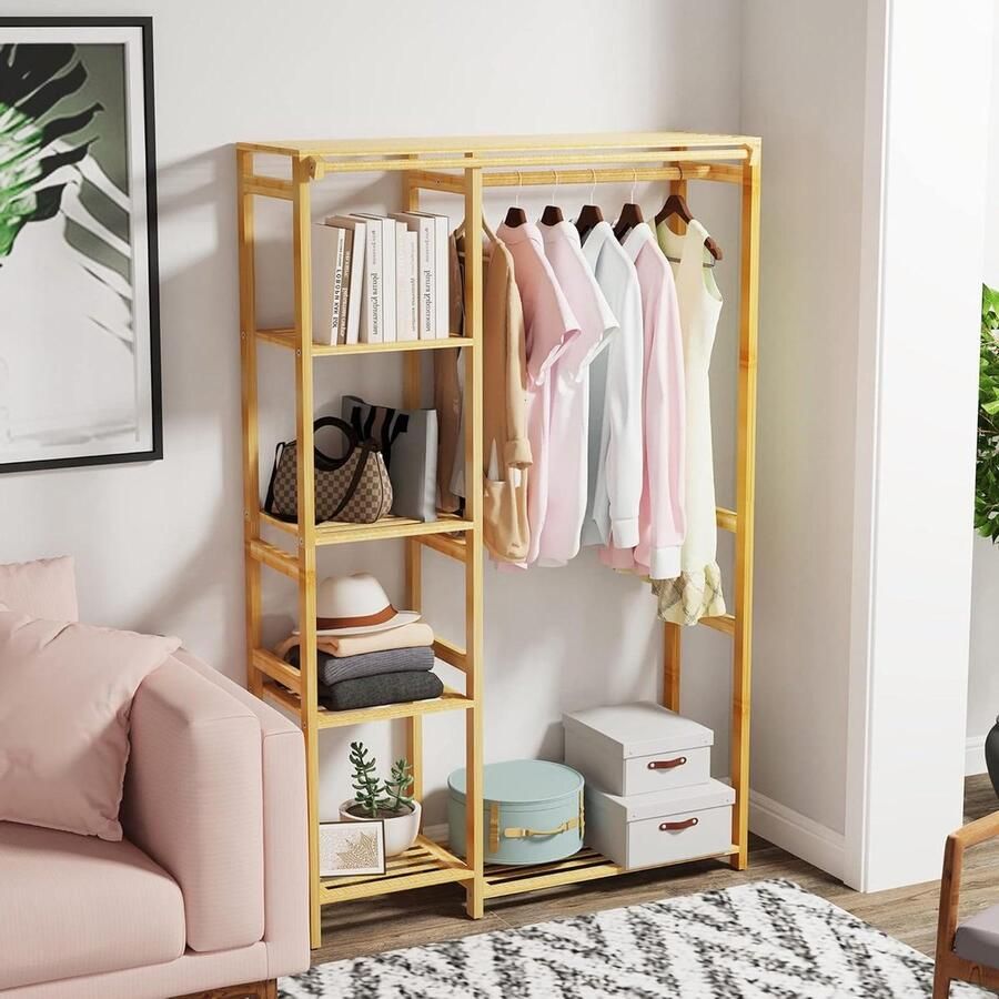 Bamboe kledingrek met planken en kapstok Kleding opknoping rail Staande rek 354 x 118 x 58 kledingrek