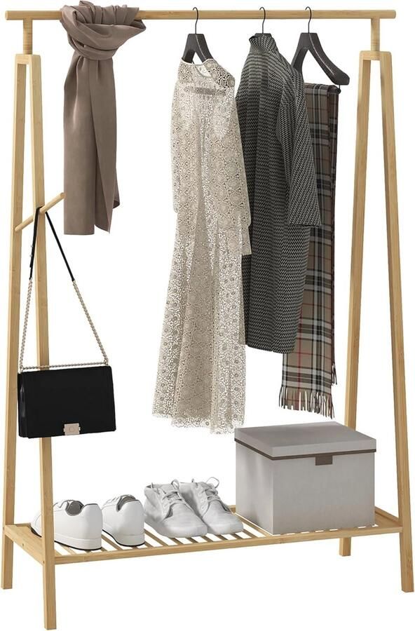 Bamboe kledingrek met schoenenrek Houten kapstok voor slaapkamer en hal