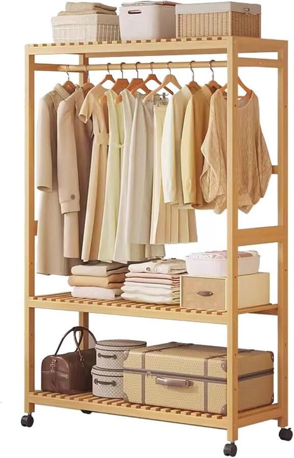 Bamboe Kledingrek met Wielen en 3 Lagen Ruimtebesparende KledingOrganizer voor Thuis