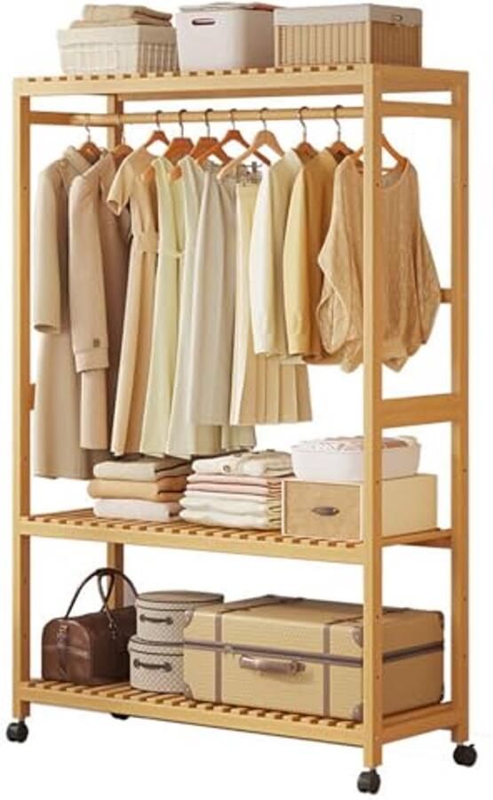 Bamboe Kledingrek met Wielen en Opbergplanken voor Kleding