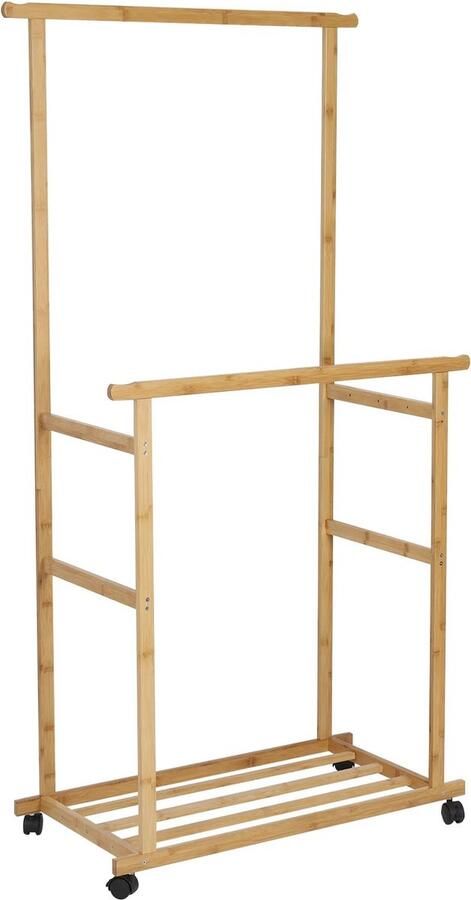 Merkloos MazrekuHome Kledingrek Bamboe Open kledingkast Dubbele hangende rails Kapstok LxBxH 80x40x16 Inclusief wielen