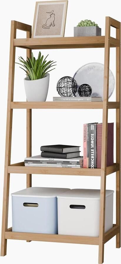 Bamboe Ladder Boekenkast Badkamer Opbergrek 4 Tier Vrijstaande Plant Display Stand Ruimtebespaarder Planken voor Slaapkamer Keuken Balkon
