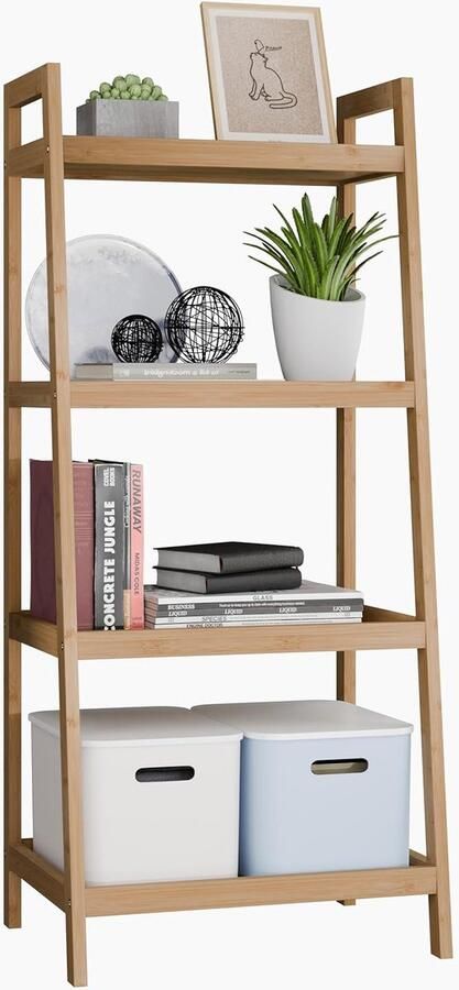 Retadou Boekenkast van bamboe-ladder badkameropbergrek vrijstaande plantenstandaard ruimtebesparende planken voor slaapkamer keuken balkon (natuurlijk 4 planken 99 cm H))