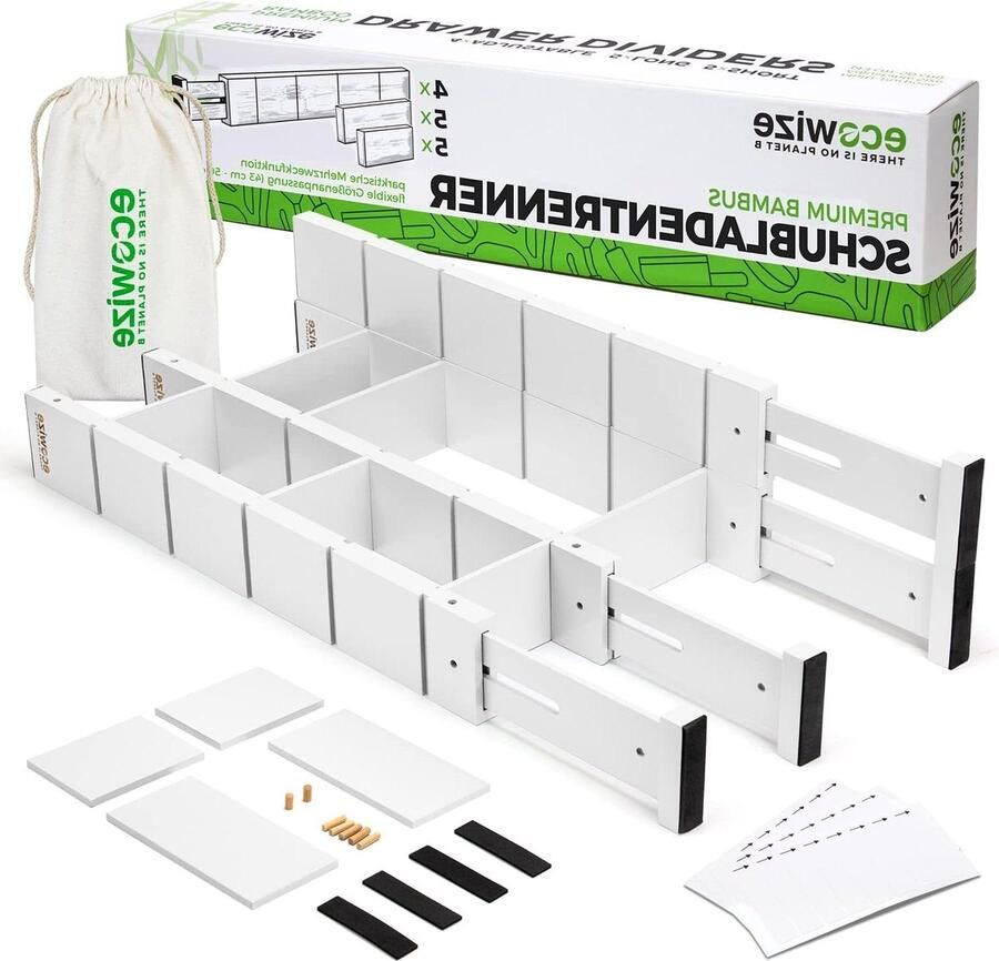 Bamboe Ladeverdeler (43-56 cm) Veerbelaste Lade-Indeler voor Keuken Badkamer Organizer voor Slaapkamer Schrijf- en Knutseltafel (Wit)