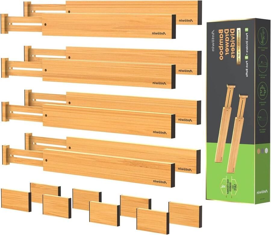 Bamboe ladeverdelers Uitbreidbare ladeorganizers Verstelbare veerbelaste organizer Groot gebruiksvoorwerp Kleding gereedschapsladen Set van 16