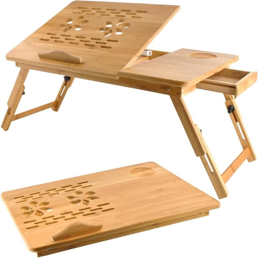 Bamboe Laptoptafel met Ventilatie Verstelbare Notebooktafel voor Bed en Bank 67 x 28 x 26 5 cm