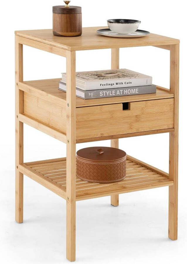 Bamboe nachtkastje 3-traps bijzettafel met lade en lattenbodem nachtkastje voor boxspringbed nachtkastje banktafel voor slaapkamer en