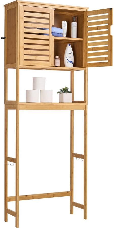 Bamboe Opbergkast voor Boven Het Toilet 68 9 Inch Badkamerorganizer met Verstelbare Plank Dubbele Deuren En Open Opbergruimte Natuurlijke Afwerking