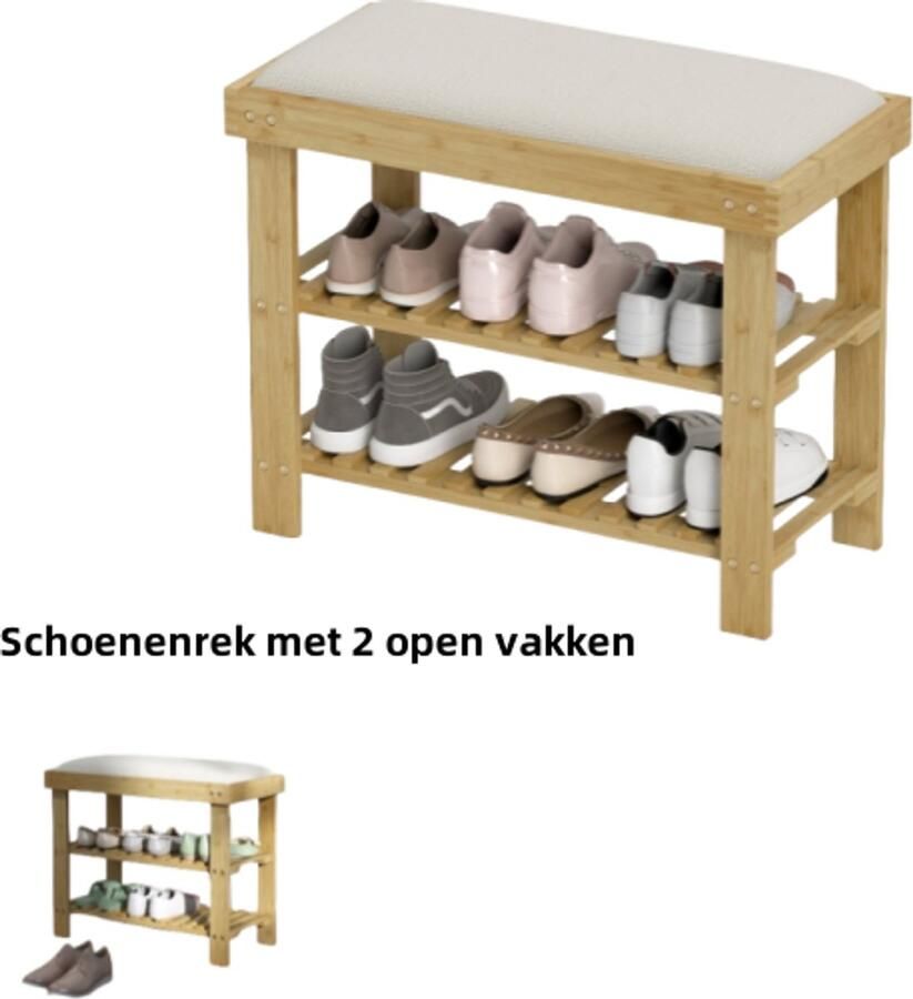 Bamboe schoenenbank met 2 open schoenenrekken geschikt voor woonkamer hal garderobebank opbergbank (60×29×49cm) melkachtig