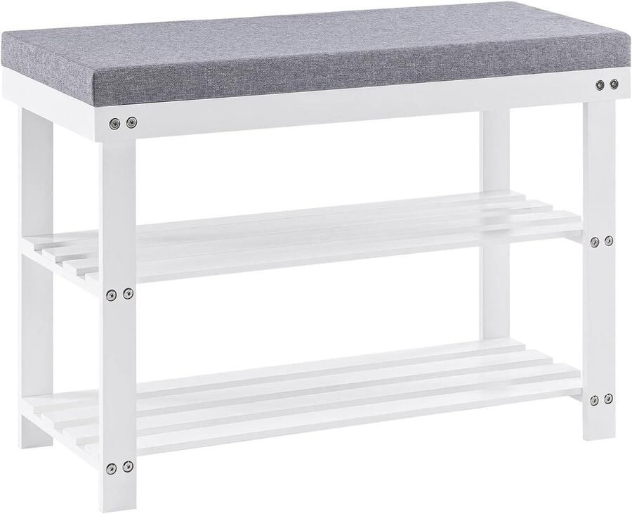 Bamboe schoenenbank met 3 niveaus – 70 x 28 x 50 cm schoenenrek met gevoerde zitting voor porch woonkamer slaapkamer & badkamer wit