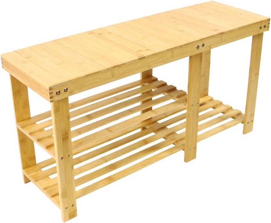 Bamboe schoenenkast schoenenrek met zitbank 3 planken schoenenbank 87 x 45 x 28 cm (b x h x d)