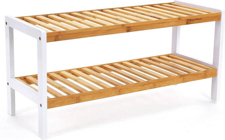 Bamboe Schoenenrek 2 niveau's Badkamerplank schoenenkast Bamboe schoenenrek voor 8 paar schoenen Wit-natuurlijke kleuren 70 x 33 x 25 cm LBS02H