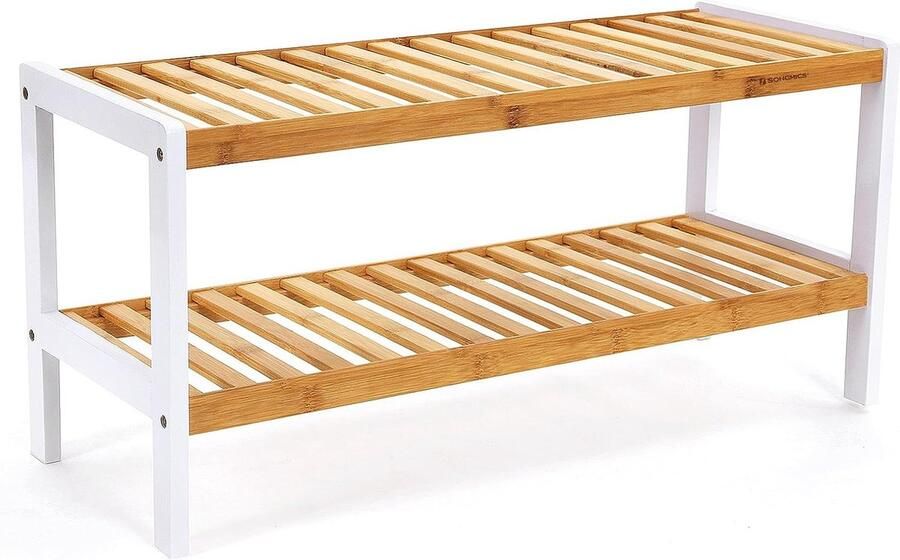 Bamboe Schoenenrek 2 niveau's Badkamerplank voor 8 paar schoenen Wit-natuurlijke kleuren 70 x 33 x 25 cm