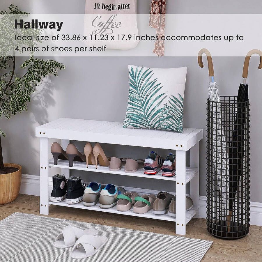 Bamboe Schoenenrek Bank 86 x 28.5 x 45.5 cm 3-Tier Schoen Organizer Opbergplank voor Hal Badkamer Woonkamer