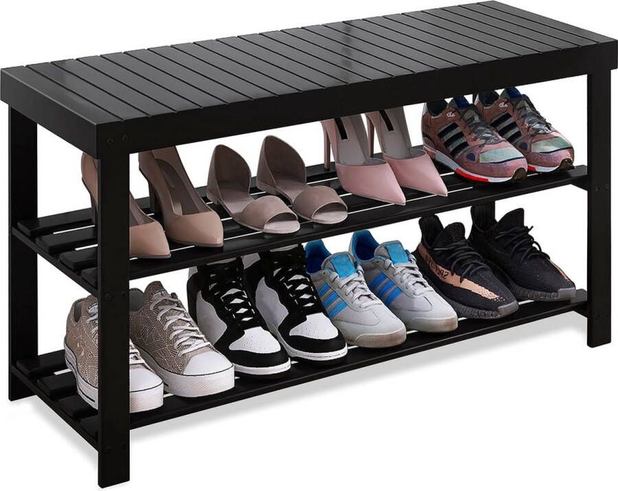 Bamboe Schoenenrek Bank 86 x 28.5 x 45.5 cm 3-Tier Schoen Organizer Opbergplank voor Hal Badkamer Woonkamer