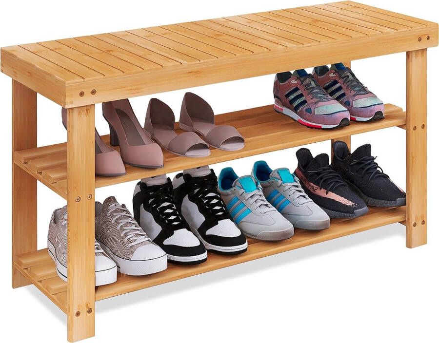 Bamboe Schoenenrek Bank 86 x 28.5 x 45.5 cm 3-Tier Schoen Organizer Opbergplank voor Hal Badkamer Woonkamer