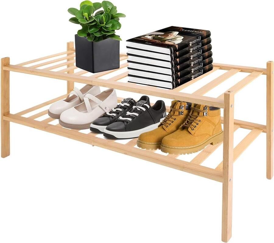 Bamboe schoenenrek met 2 niveaus voor planten slaapkamer badkamer boeken woonkamer hal met moersleutel en schroeven