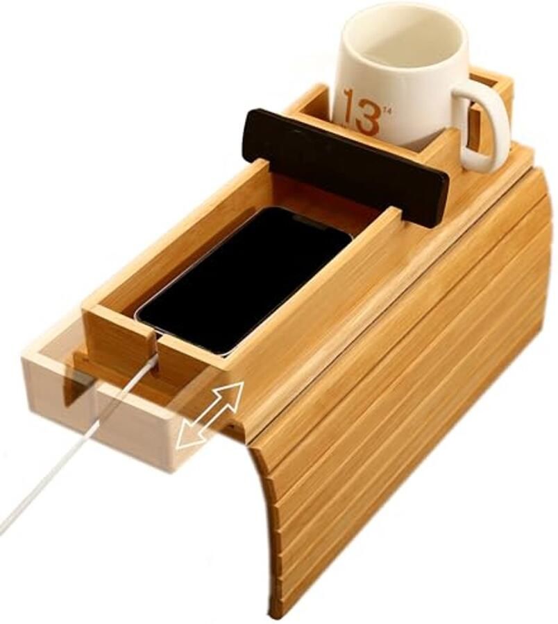 Bamboe Sofa Armsteun Tray met Afneembare Bekerhouder 2-in-1 Opvouwbare Bamboe Bank Tray