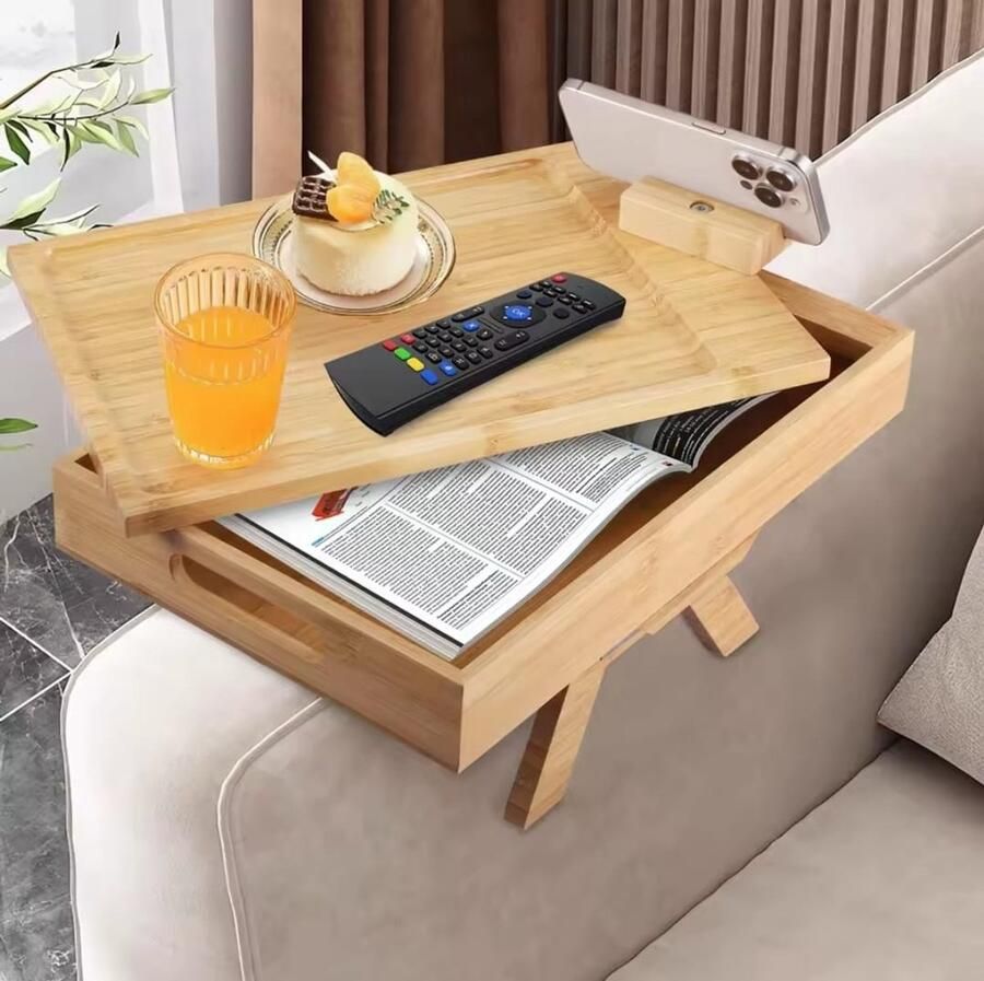Bamboe Sofa Bijzettafel – Bank Arm Tafel met Lade & 360° Draaibaar Tafelblad – Met Telefoonhouder