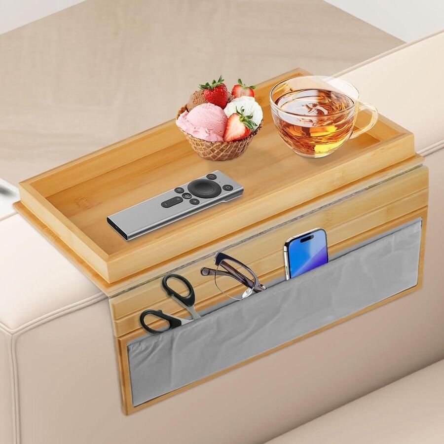 Bamboe Sofa Dienblad voor Armleuning met Opbergtas ter Bescherming van de Armleuningen van de Bank
